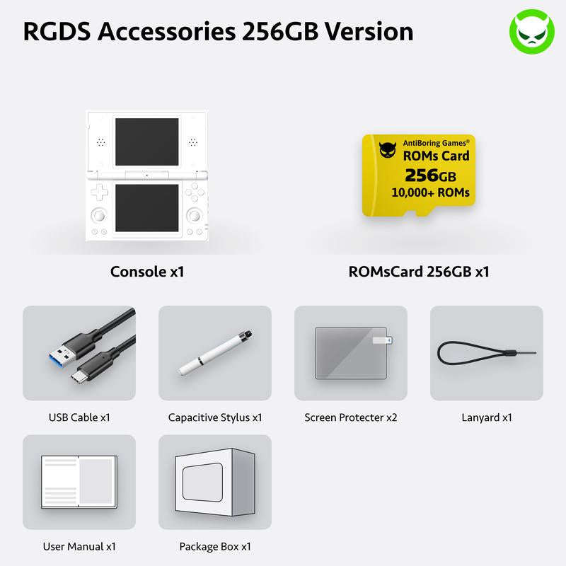 Anbernic RG Ds【Buy 1 Get 1 Capacitive Stylus + 1 Lanyard + 2 Screen Protectors + 1 Charging Cable + 1 Roms Card】Dual Screens 4-Inch IPS 640*480 Android 14 RK3568 Quad-Core 64-Bit 4000Mah Six-Axis Gyroscope Sensor Ready to Play