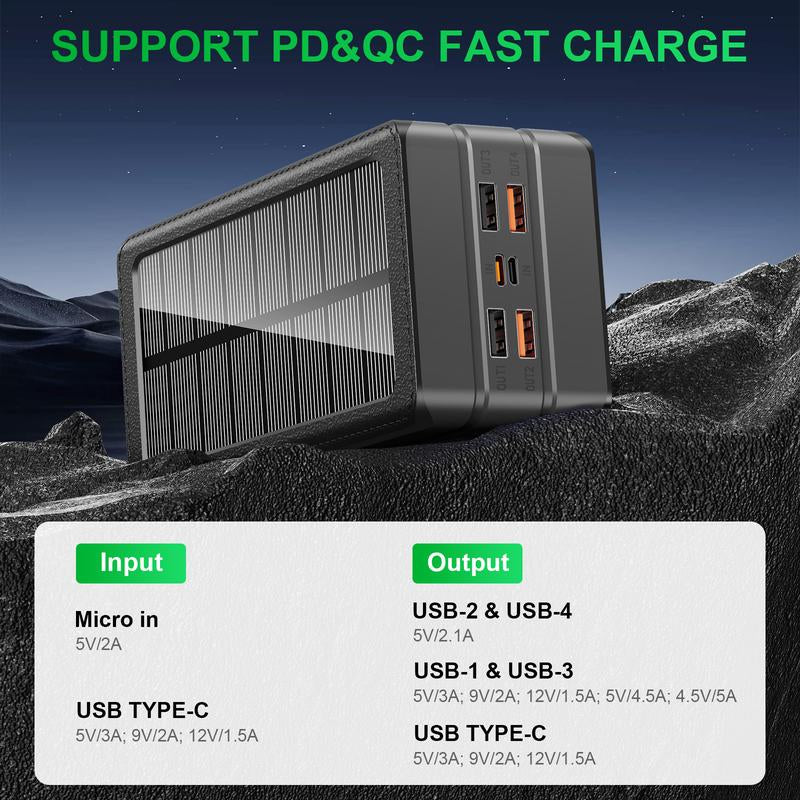 Solar Power Bank Battery Pack 80000Mah PD 22.5W Fast Charging Cellephone Charger USB-C In&Out with 9 LED Lights 3 Modes Flashlight Compatible with Iphone Tablet Earphone for Camping Outdoor