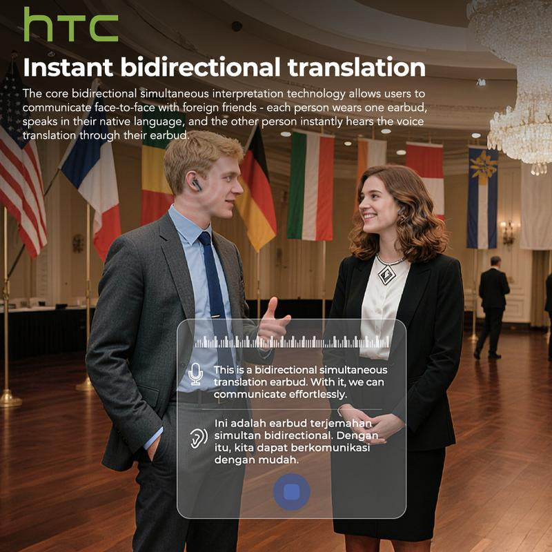 HTC NE40 AI Headset Translates 134 Languages Wireless Earbuds with App-Assisted Two-Way Translation, Noise Cancelling, Clear Calls, Smart Screen Case, Bluetooth 5.4, Perfect for Travel & Daily Use