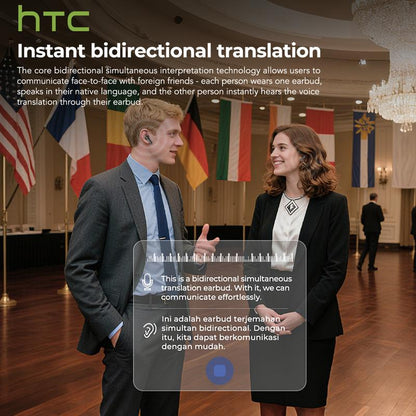 HTC NE40 AI Headset Translates 134 Languages Wireless Earbuds with App-Assisted Two-Way Translation, Noise Cancelling, Clear Calls, Smart Screen Case, Bluetooth 5.4, Perfect for Travel & Daily Use