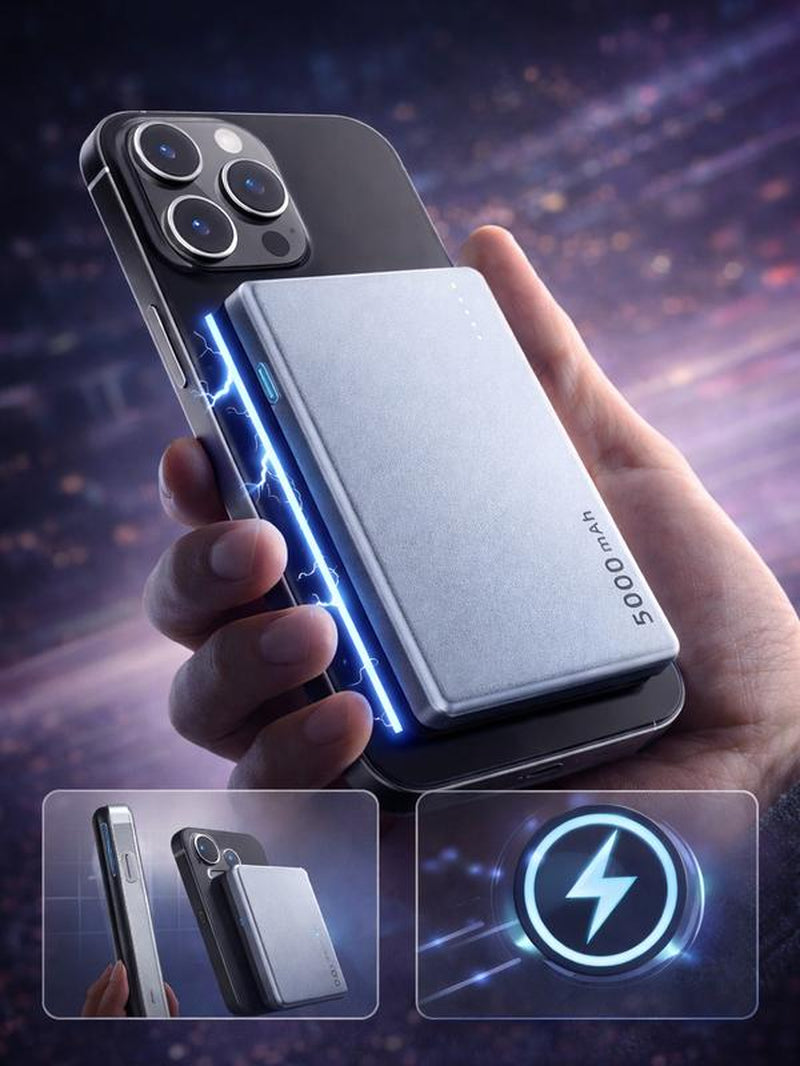 AGPTEK 5000Mah Magnetic Portable Charger – 0.3” Ultra-Slim Power Bank with Built‑In Cable & Qi2 Fast Wireless Charging, Pocket‑Size Battery Pack for Iphone 16/15/14/13/12 – Ideal Gift for Travel, Work & Everyday Style