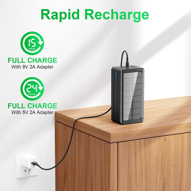 Solar Power Bank Battery Pack 80000Mah PD 22.5W Fast Charging Cellephone Charger USB-C In&Out with 9 LED Lights 3 Modes Flashlight Compatible with Iphone Tablet Earphone for Camping Outdoor