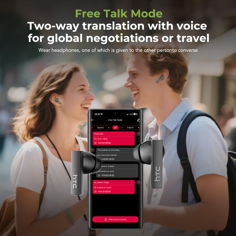 HTC NE40 AI Headset Translates 134 Languages Wireless Earbuds with App-Assisted Two-Way Translation, Noise Cancelling, Clear Calls, Smart Screen Case, Bluetooth 5.4, Perfect for Travel & Daily Use