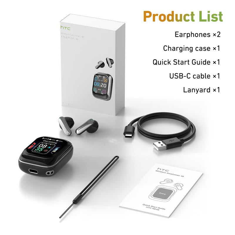 HTC NE48 Translation Headset, Multifunctional Earbuds, Features LED Screen, BT 6.0 Connectivity, Supports 134 Languages, IPX5 Water Resistance, Designed for Sports, Suitable for Music Playback and Calls, Includes Built-In Microphone