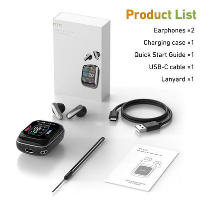 HTC NE48 Translation Headset, Multifunctional Earbuds, Features LED Screen, BT 6.0 Connectivity, Supports 134 Languages, IPX5 Water Resistance, Designed for Sports, Suitable for Music Playback and Calls, Includes Built-In Microphone