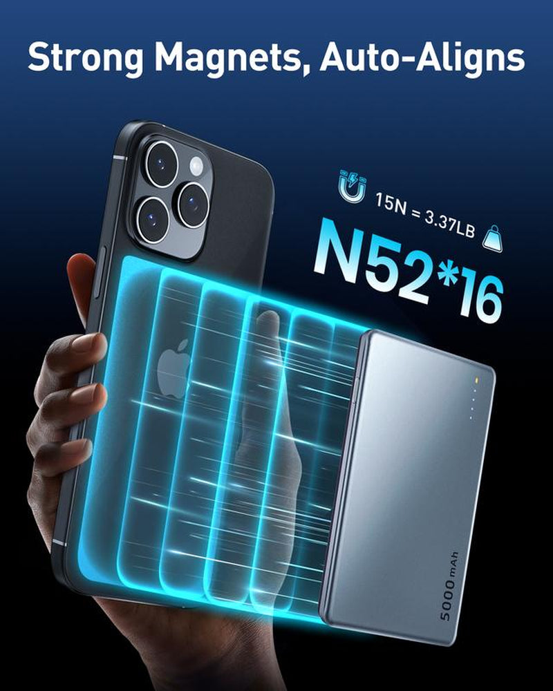 AGPTEK 5000Mah Magnetic Portable Charger – 0.3” Ultra-Slim Power Bank with Built‑In Cable & Qi2 Fast Wireless Charging, Pocket‑Size Battery Pack for Iphone 16/15/14/13/12 – Ideal Gift for Travel, Work & Everyday Style