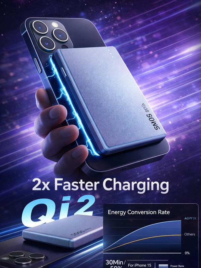 AGPTEK 5000Mah Magnetic Portable Charger – 0.3” Ultra-Slim Power Bank with Built‑In Cable & Qi2 Fast Wireless Charging, Pocket‑Size Battery Pack for Iphone 16/15/14/13/12 – Ideal Gift for Travel, Work & Everyday Style