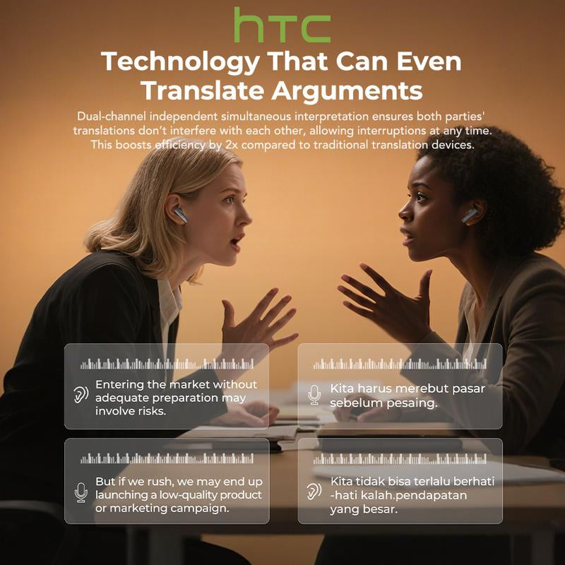 HTC NE40 AI Headset Translates 134 Languages Wireless Earbuds with App-Assisted Two-Way Translation, Noise Cancelling, Clear Calls, Smart Screen Case, Bluetooth 5.4, Perfect for Travel & Daily Use