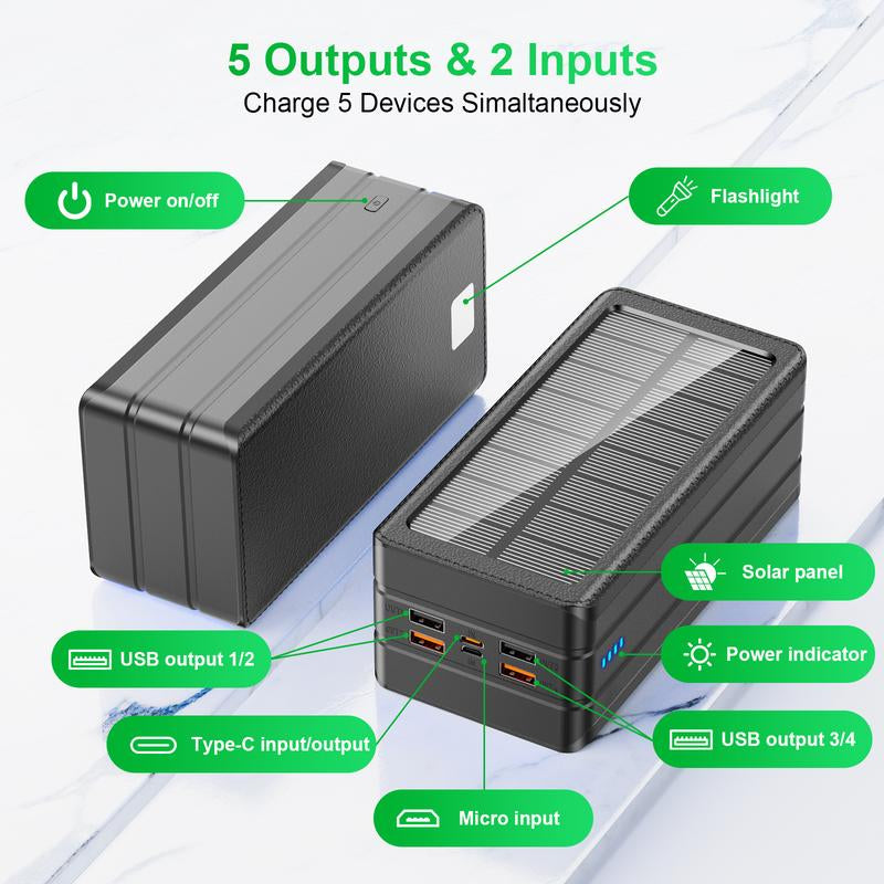 Solar Power Bank Battery Pack 80000Mah PD 22.5W Fast Charging Cellephone Charger USB-C In&Out with 9 LED Lights 3 Modes Flashlight Compatible with Iphone Tablet Earphone for Camping Outdoor