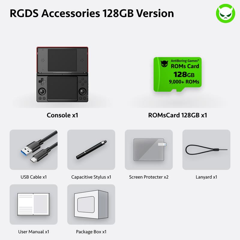 Anbernic RG Ds【Buy 1 Get 1 Capacitive Stylus + 1 Lanyard + 2 Screen Protectors + 1 Charging Cable + 1 Roms Card】Dual Screens 4-Inch IPS 640*480 Android 14 RK3568 Quad-Core 64-Bit 4000Mah Six-Axis Gyroscope Sensor Ready to Play
