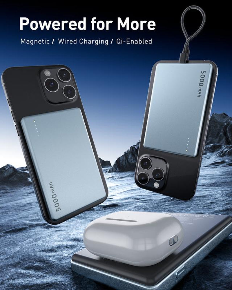 AGPTEK 5000Mah Magnetic Portable Charger – 0.3” Ultra-Slim Power Bank with Built‑In Cable & Qi2 Fast Wireless Charging, Pocket‑Size Battery Pack for Iphone 16/15/14/13/12 – Ideal Gift for Travel, Work & Everyday Style
