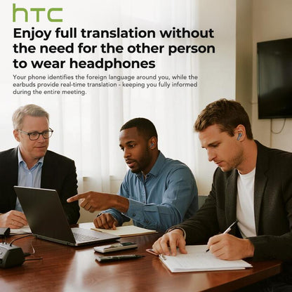 HTC NE40 AI Headset Translates 134 Languages Wireless Earbuds with App-Assisted Two-Way Translation, Noise Cancelling, Clear Calls, Smart Screen Case, Bluetooth 5.4, Perfect for Travel & Daily Use